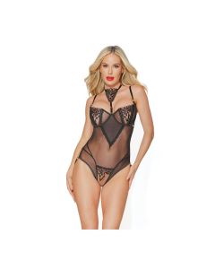 Black Label Sheer Stretch Nylon Crotchless Teddy w/Removable Choker Black