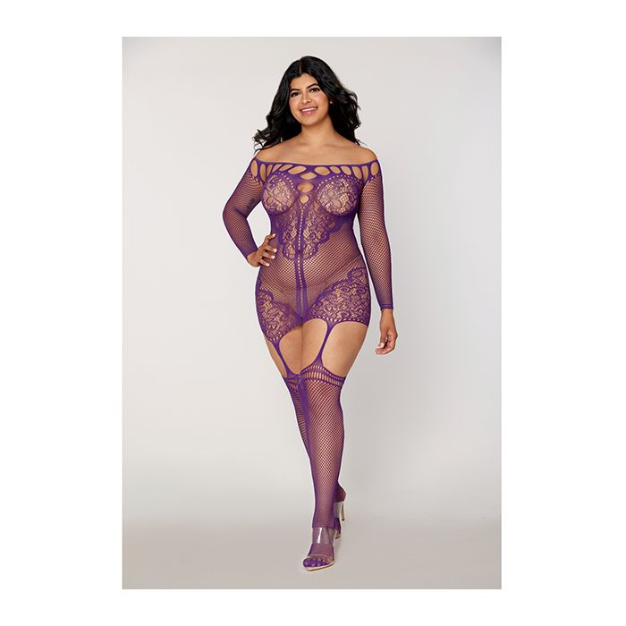 Scalloped Lace and Fishnet Garter Dress w/Attached Stockings - Purple QN