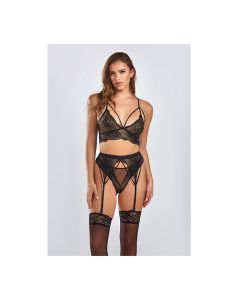 Everly Dot Mesh & Galloon Lace Strappy Bra, Garterbelt & Hipster Panty Black
