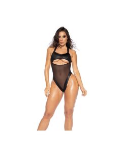 Mesh & Wet Look Underboob Cut Out Bodysuit Black