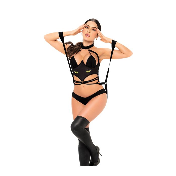 1 pc Cat Girl Bodysuit w/Attached Wrist Straps Black